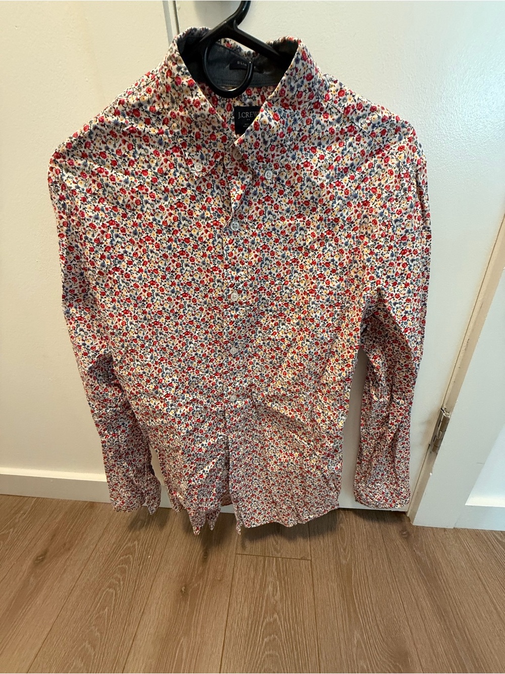 J. Crew Men's White Button-Down Shirt with Red & Blue Floral Print